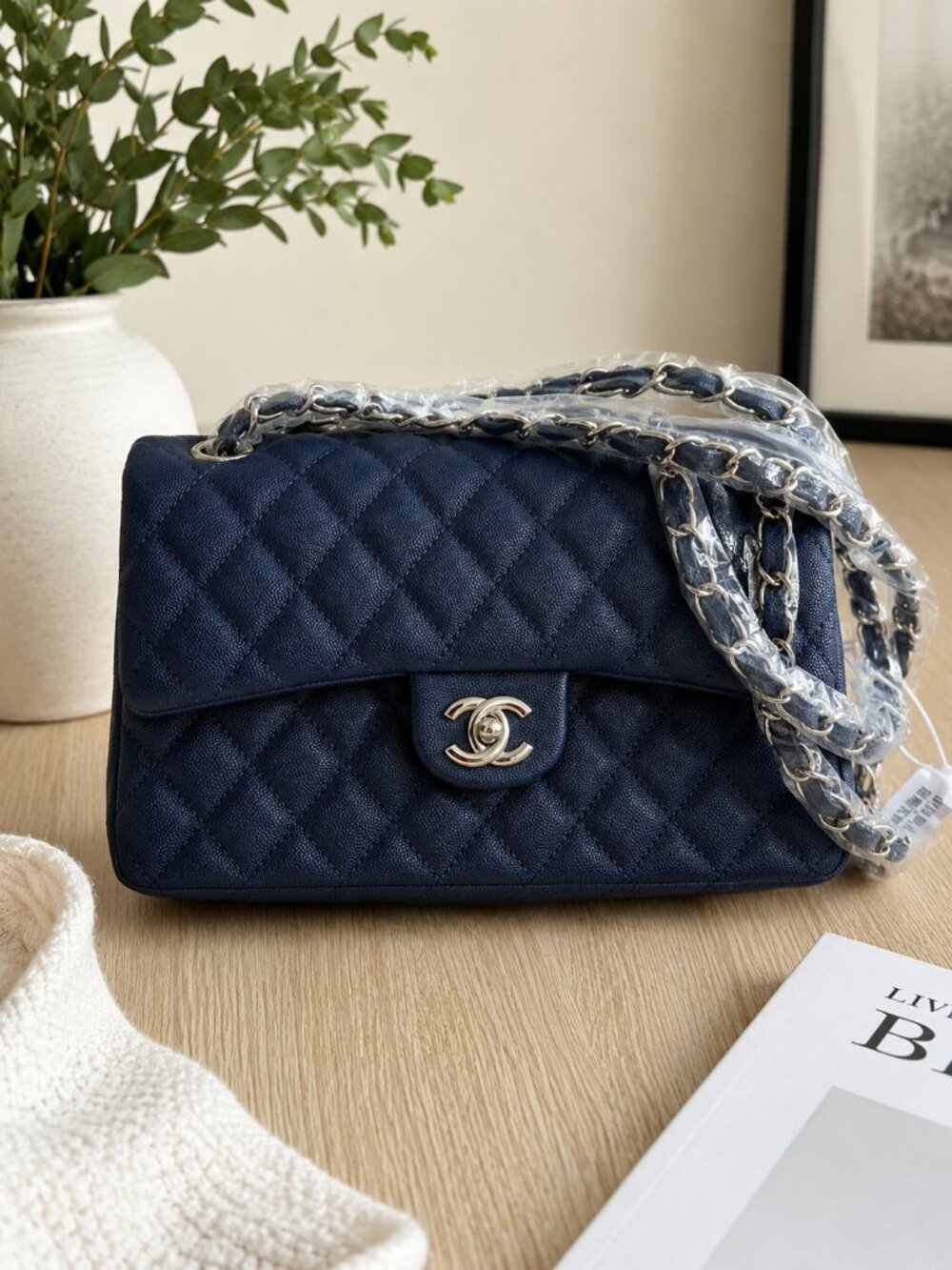 Navy Blue Quilted Chain Shoulder Flap Bag Silver Tone Hardware